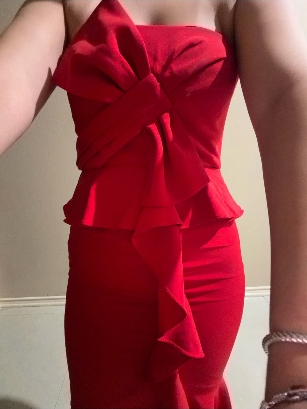 Strapless Red Ruffle Midi Dress - Picture 3 of 4